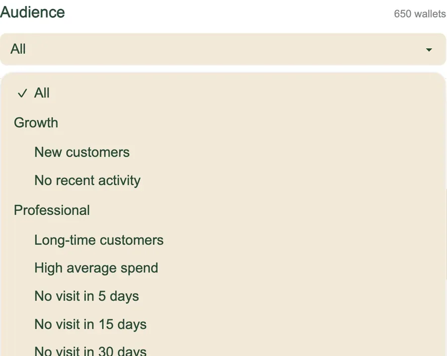 Almendro ready-made audiences: new customers, no recent activity, no visit in 5, 15 and 30 days