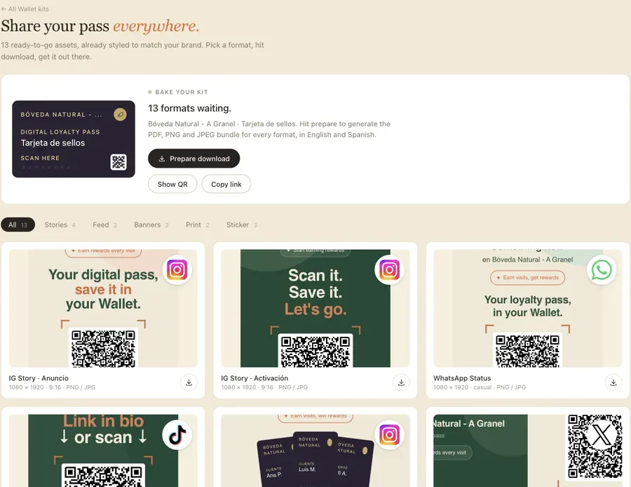 Almendro dashboard marketing kit with 13 ready-to-download formats carrying the business QR code